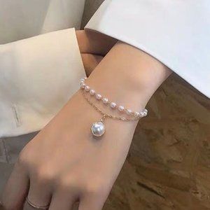 NEW Double Layered Bead Link Chain Faux Pearl Charm Pendant Bracelets Jewelry